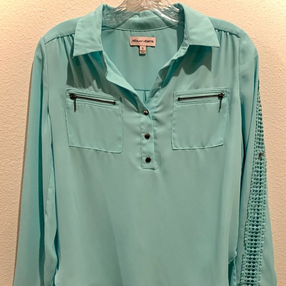 Teal, long sleeved, high-low shirt, slightly sheer